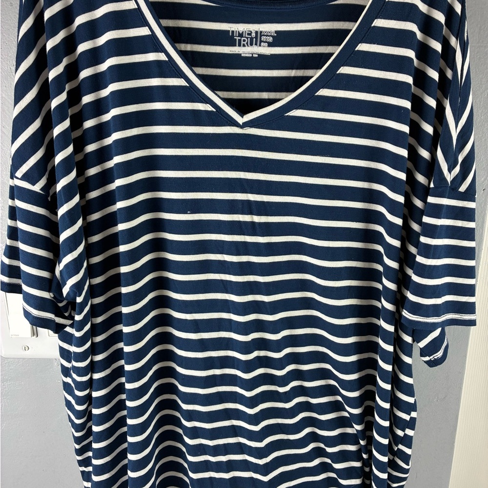 Time and Tru Navy and White Striped Short Sleeve Top